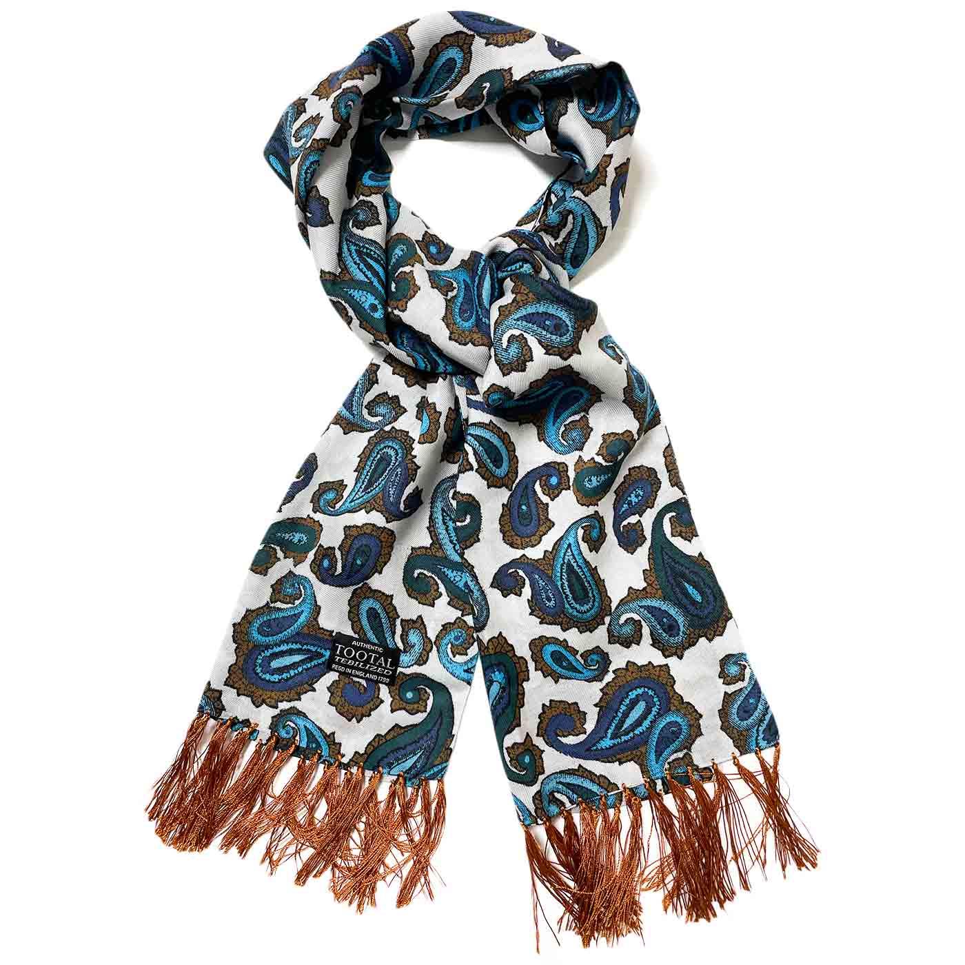 Tootal Double Paisley Fringed Mod Rayon Scarf Ocean Blue