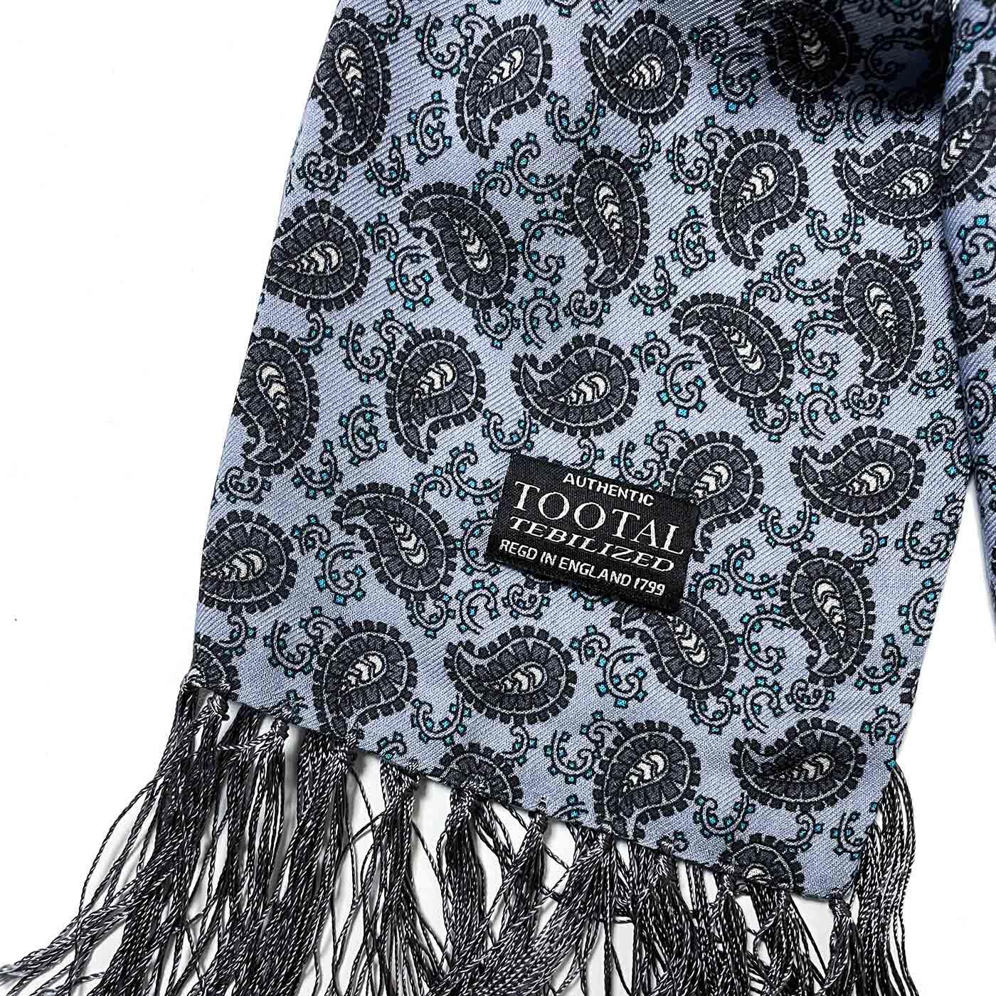 TOOTAL Paisley Fringed Retro 60s Mod Rayon Scarf Steel Blue