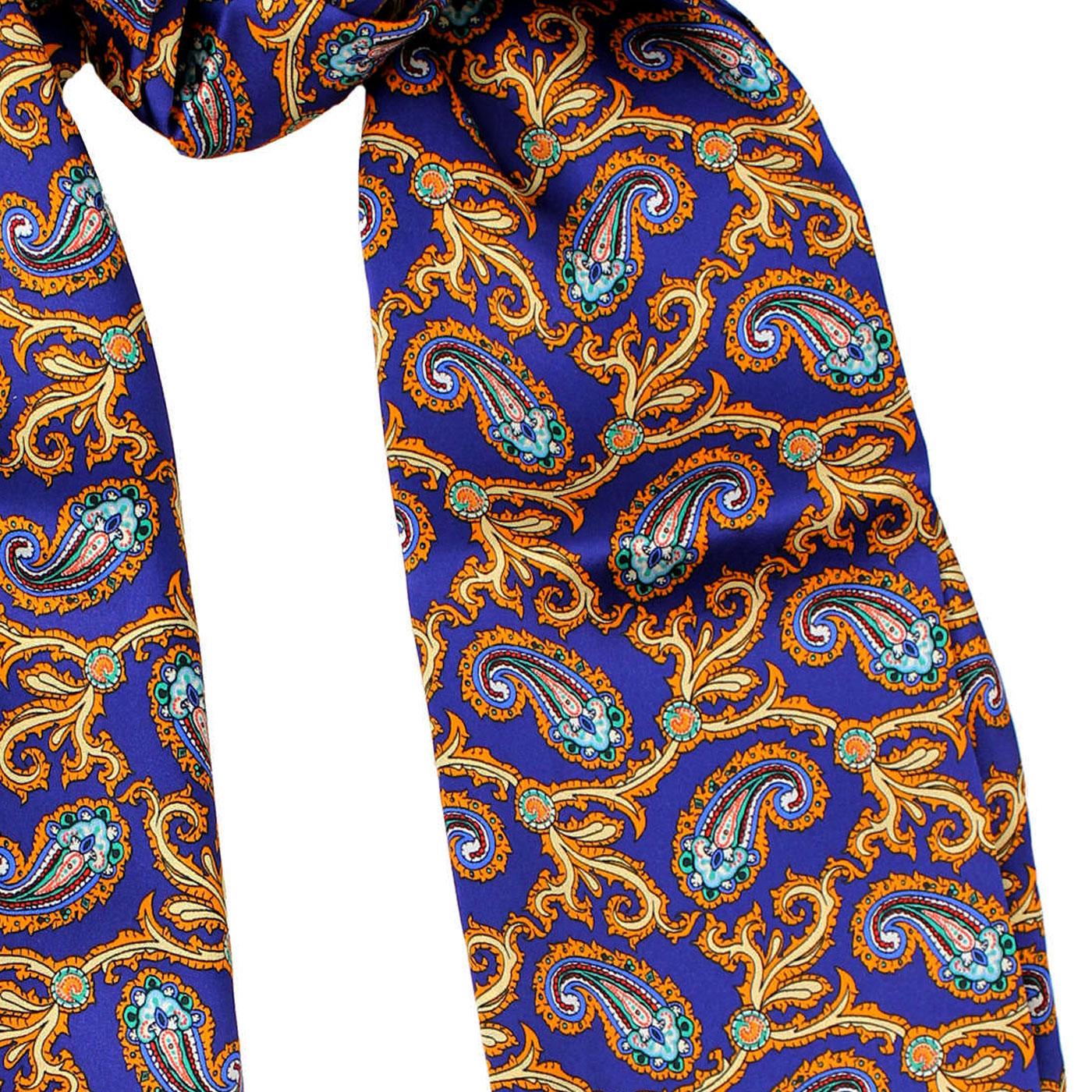 TOOTAL Navy Paisley Retro 1960s Mod Silk Scarf in Blue/Gold