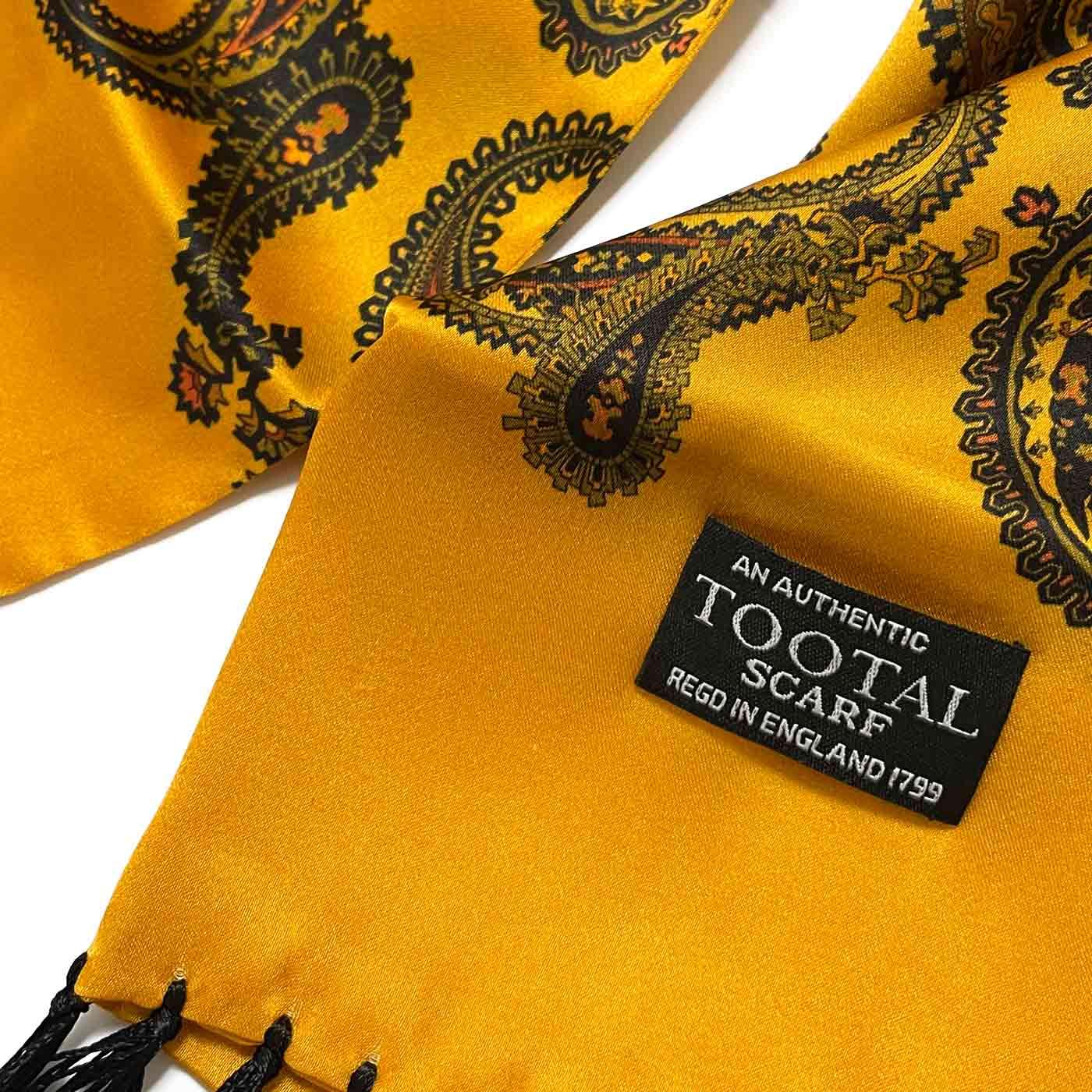 Tootal Retro Mod Paisley Border Double Faced Silk Scarf in Gold