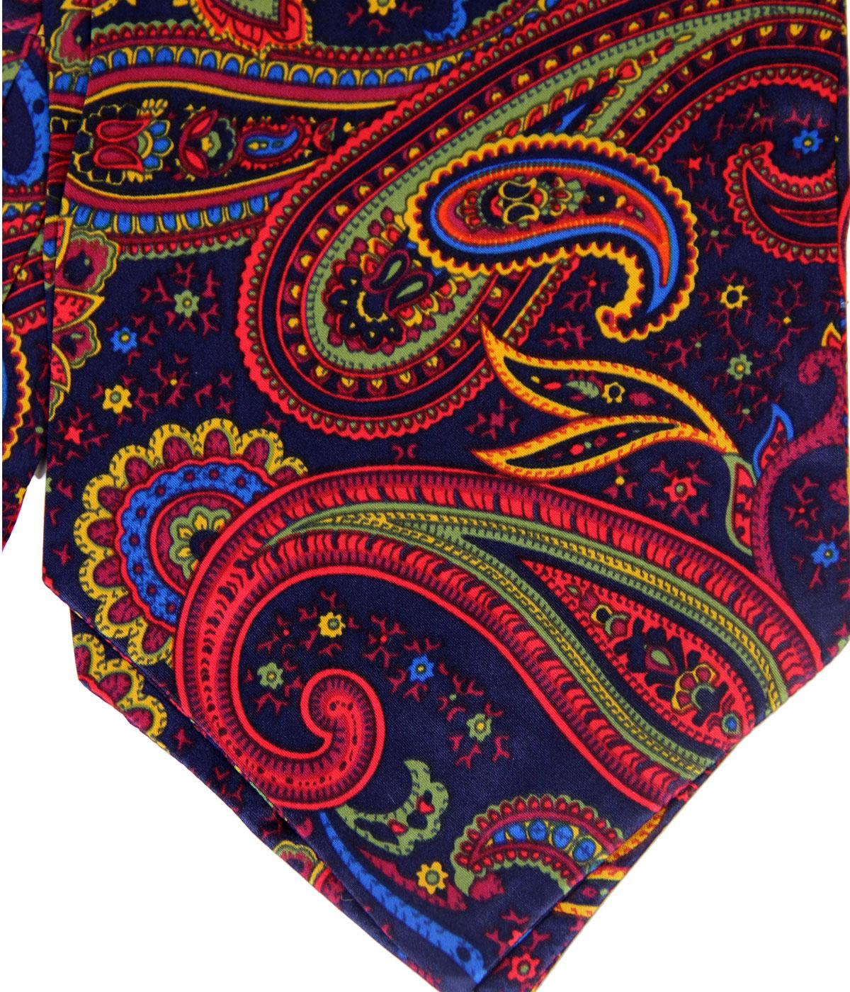 TOOTAL Retro 1960s Mod Bright Paisley Silk Cravat in Navy