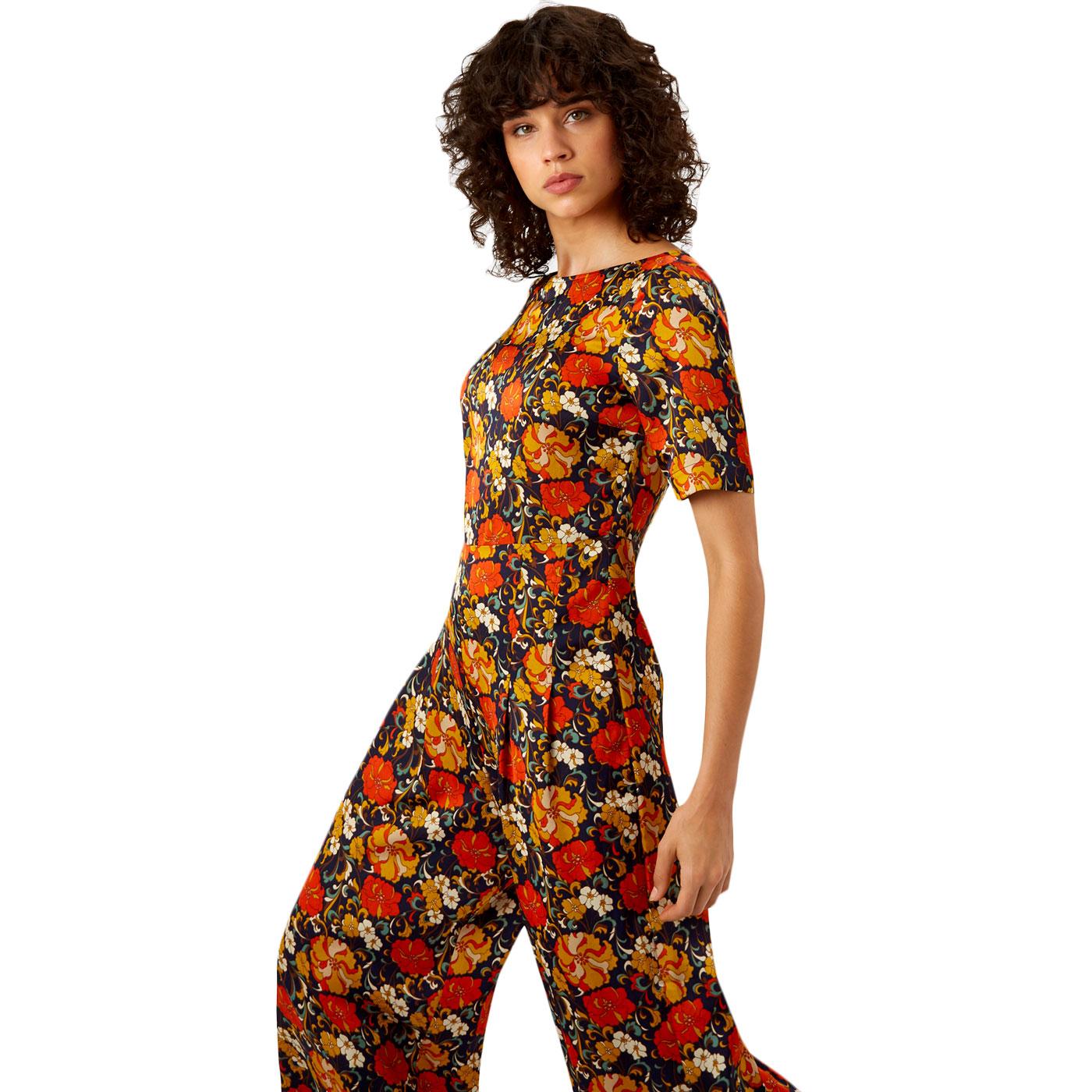 TRAFFIC PEOPLE Bianca 70s Retro Floral Jumpsuit In Navy