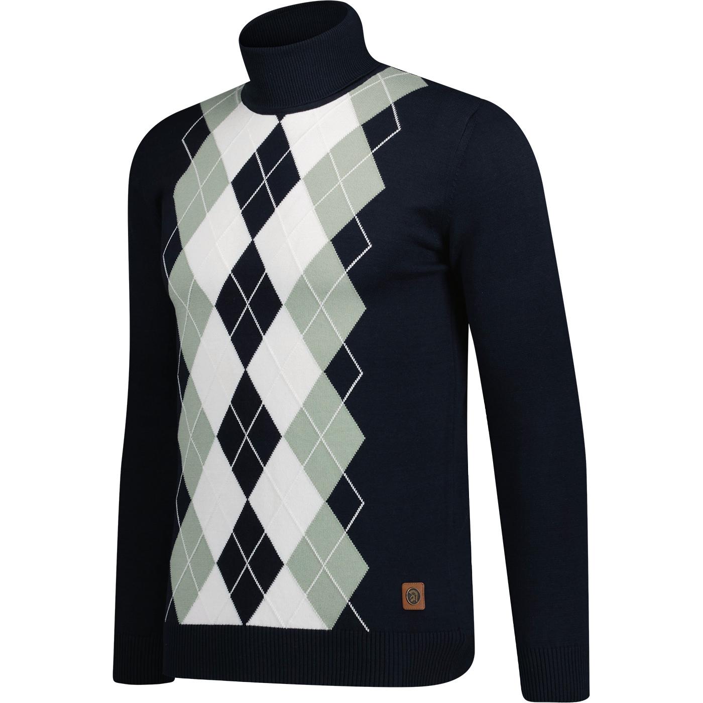 TROJAN RECORDS Mod Argyle Knitted Roll Neck in Navy