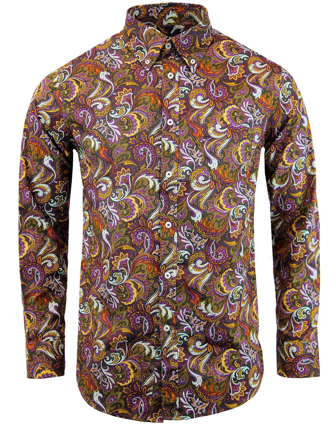 TROJAN RECORDS 60s Mod Psychedelic Floral Paisley Shirt Chocolate