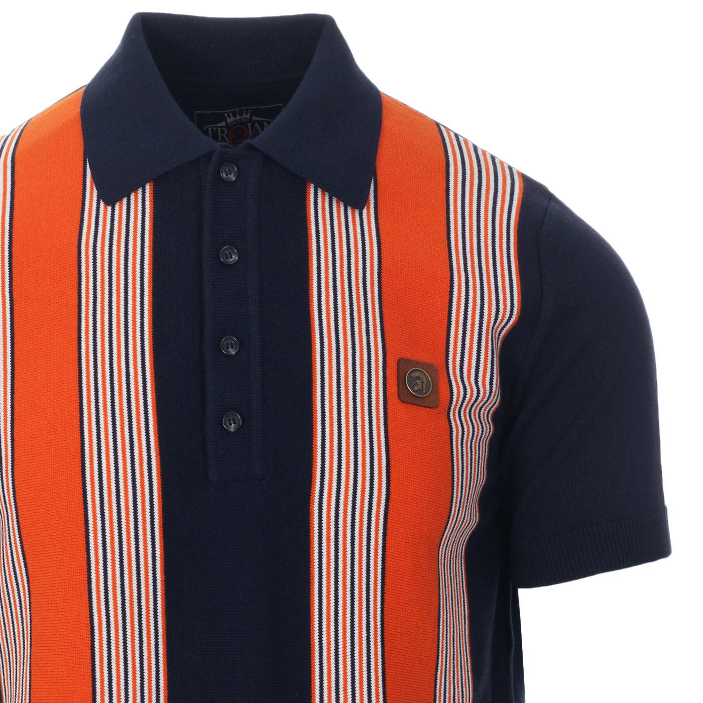 Trojan Records Navy Multi Stripe Fine Gauge Knitted Polo Shirt