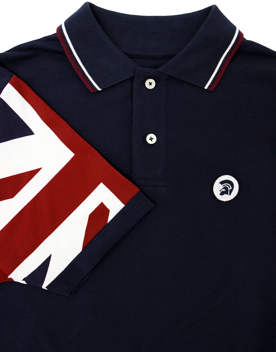 TROJAN RECORDS Retro Mod Union Jack Flag Sleeve Pique Polo Navy