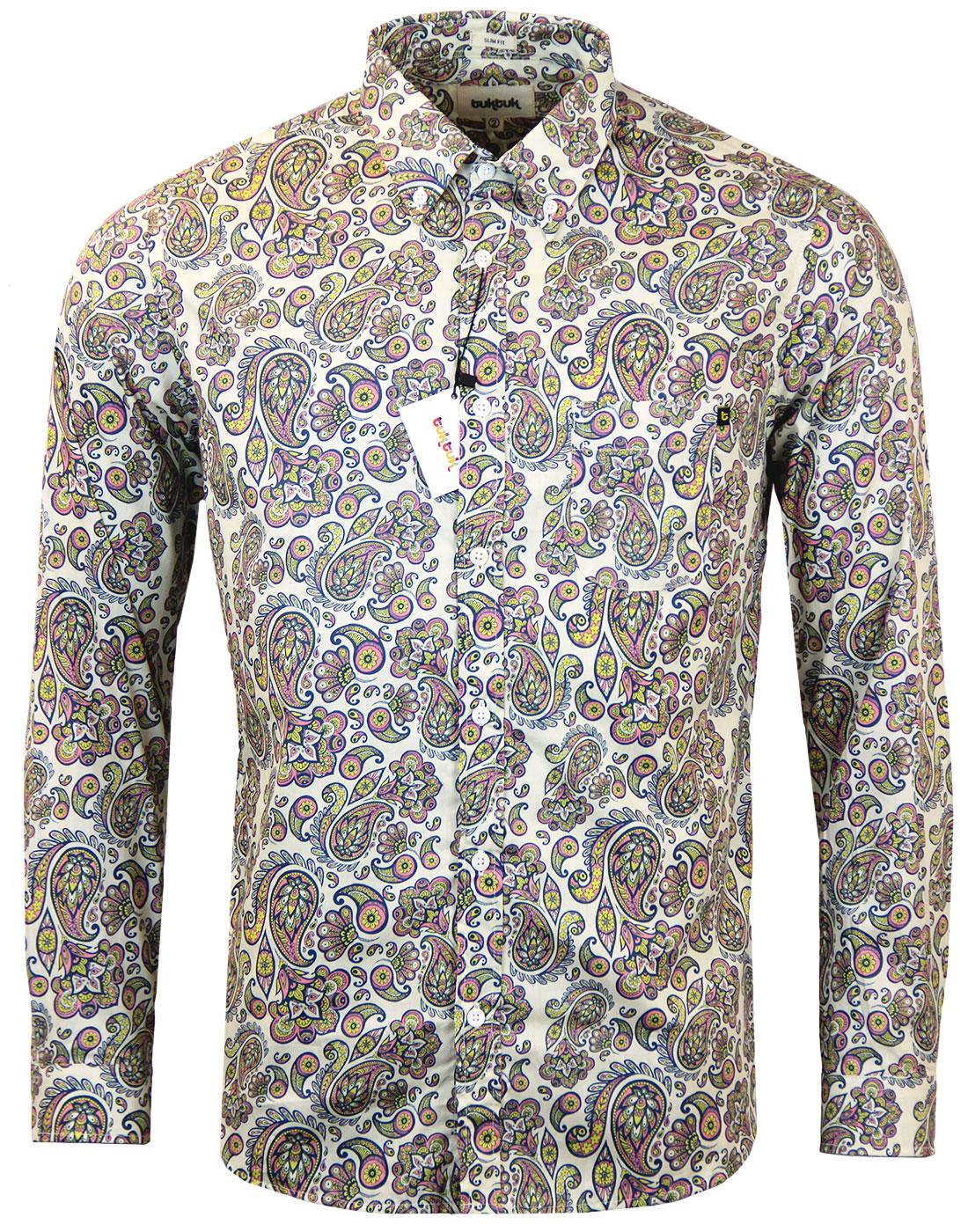 TUKTUK Retro 1960s Mod Floral Psychedelic Paisley Shirt in Stone