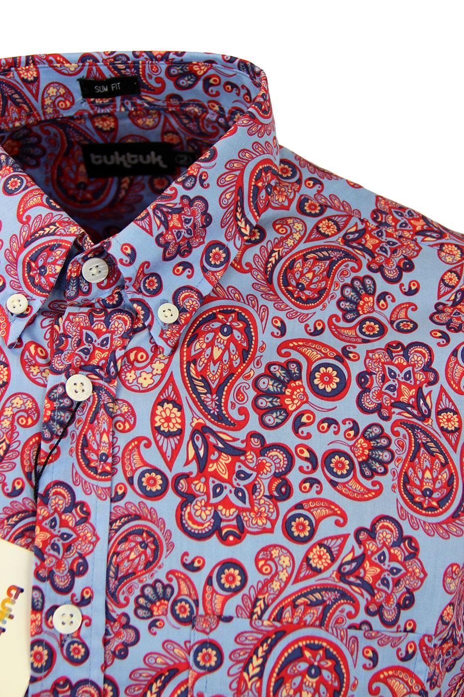 TUKTUK Retro 60s Mod Button Down Paisley Print Shirt Light Blue