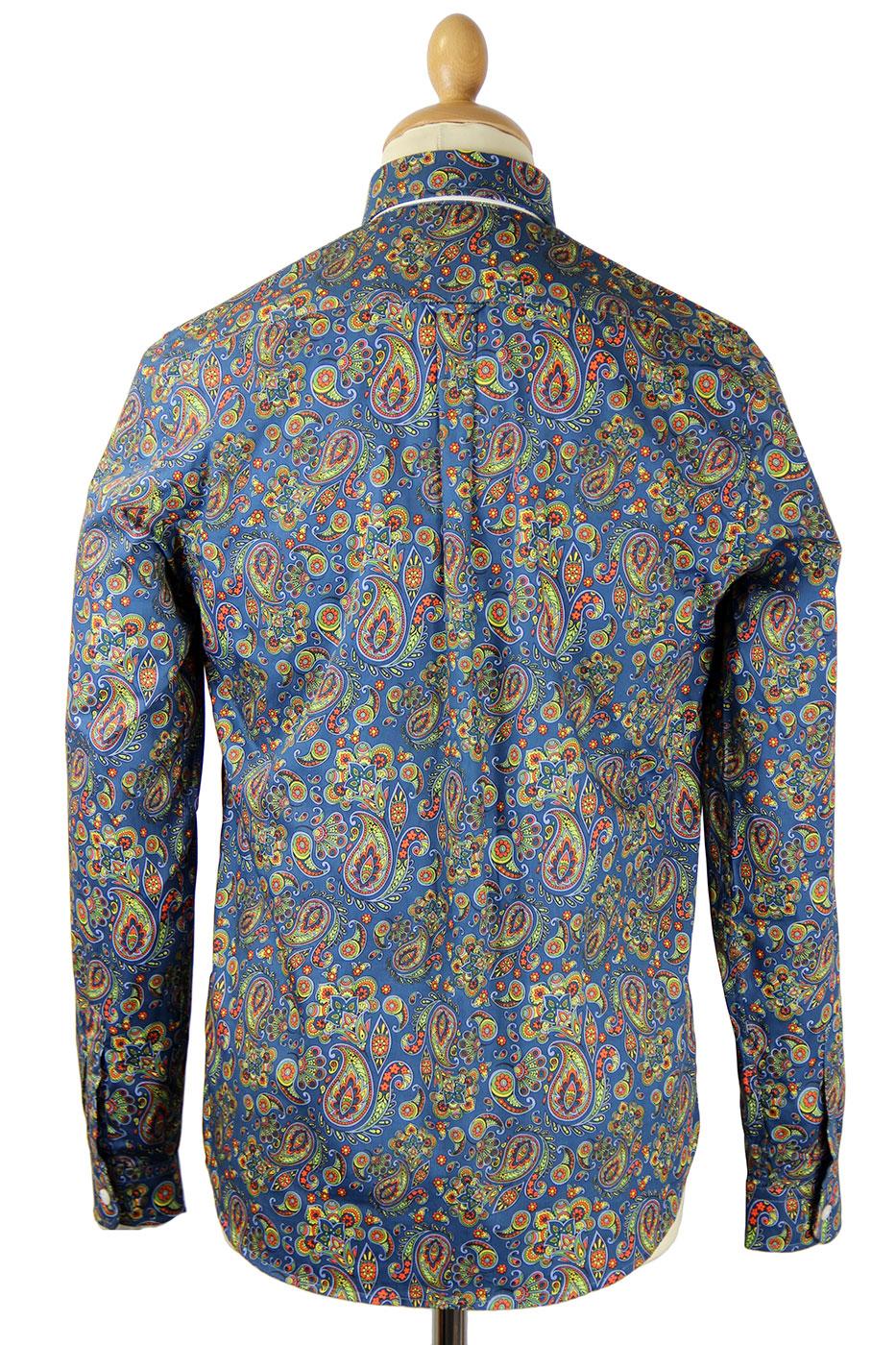 TukTuk Retro 60s Mod Paisley Print Button Down Shirt Blue