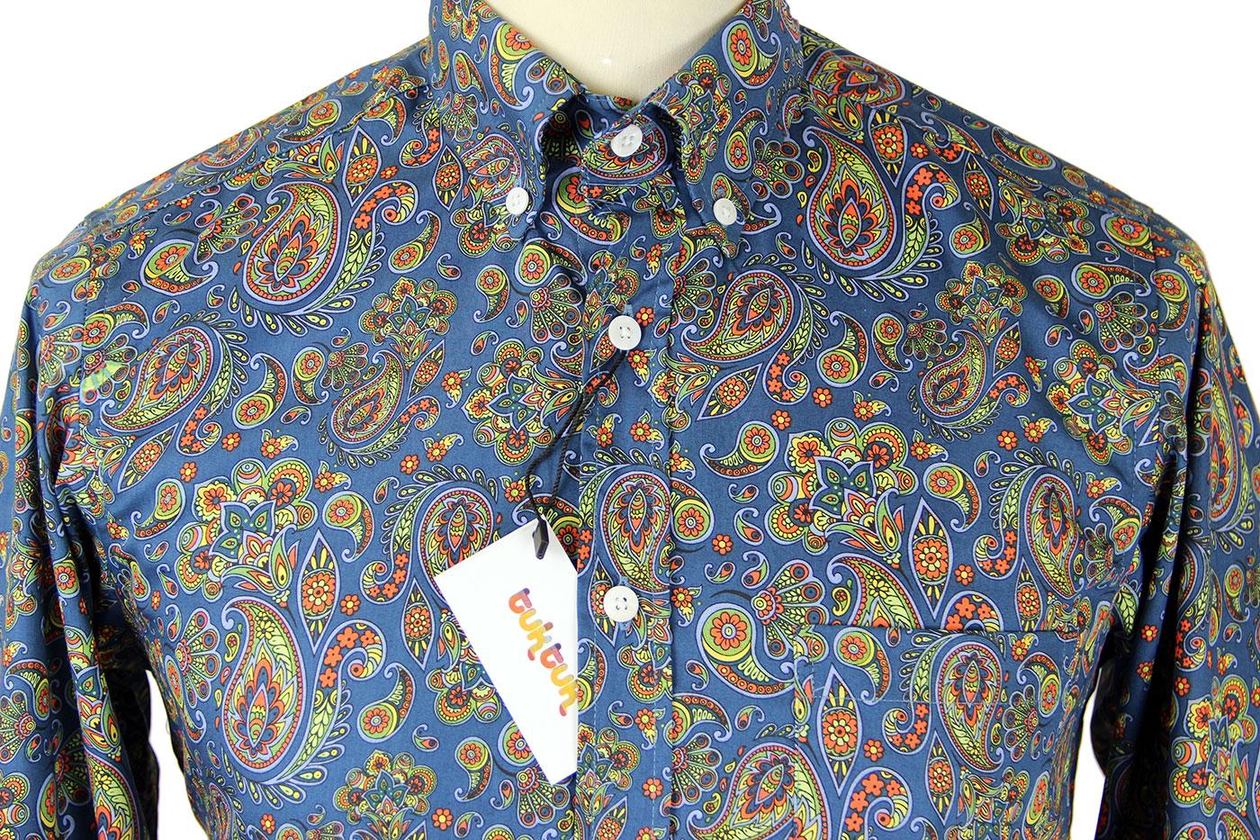 TukTuk Retro 60s Mod Paisley Print Button Down Shirt Blue