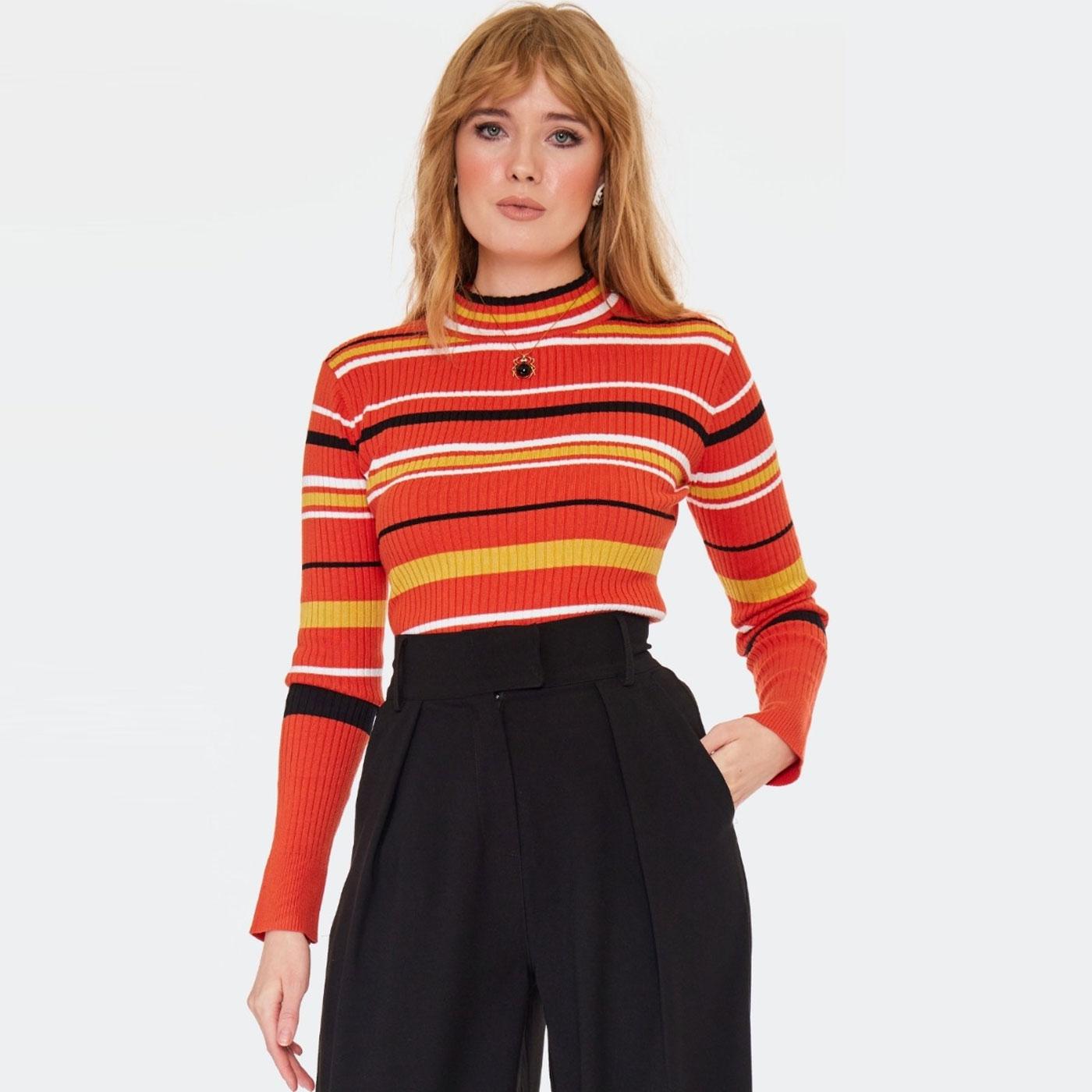 Voodoo Vixen 70s Orange Striped Turtleneck Sweater