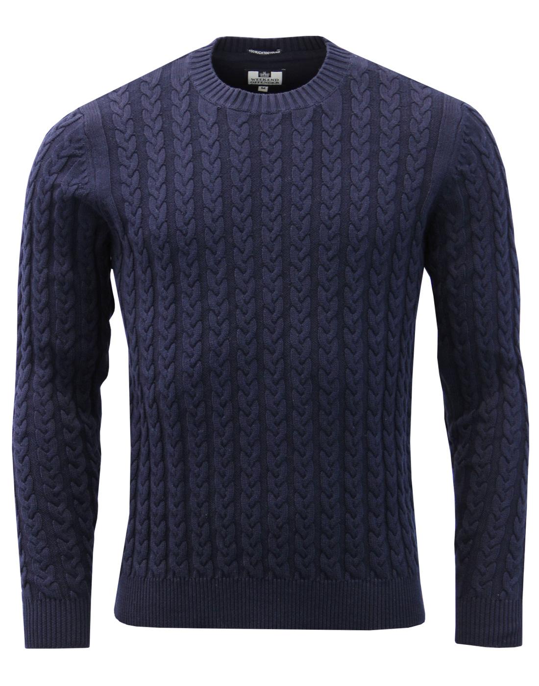 WEEKEND OFFENDER Woods Men's Retro 70s Cable Knit Jumper in Navy