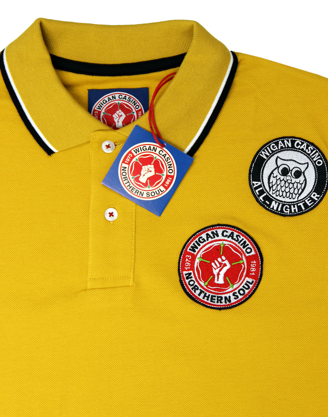 WIGAN CASINO Northern Soul Retro 70s Mod Multi Badged Polo Gold