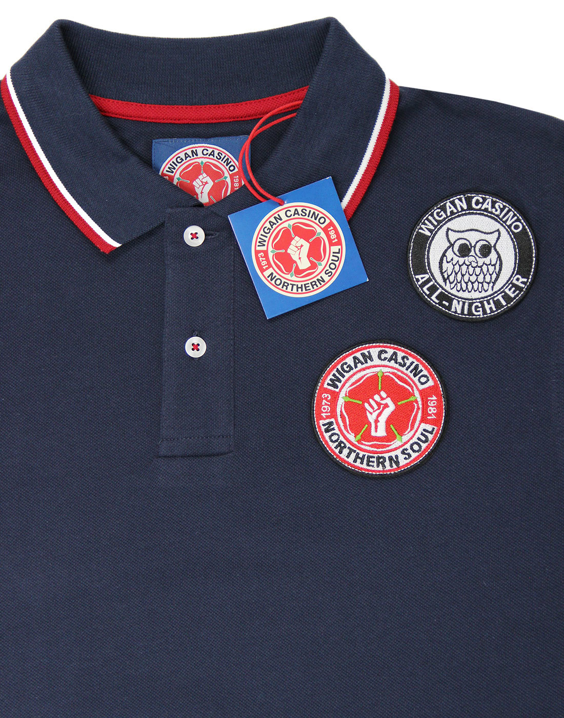 WIGAN CASINO Northern Soul Retro 70s Mod Multi Badged Polo Navy