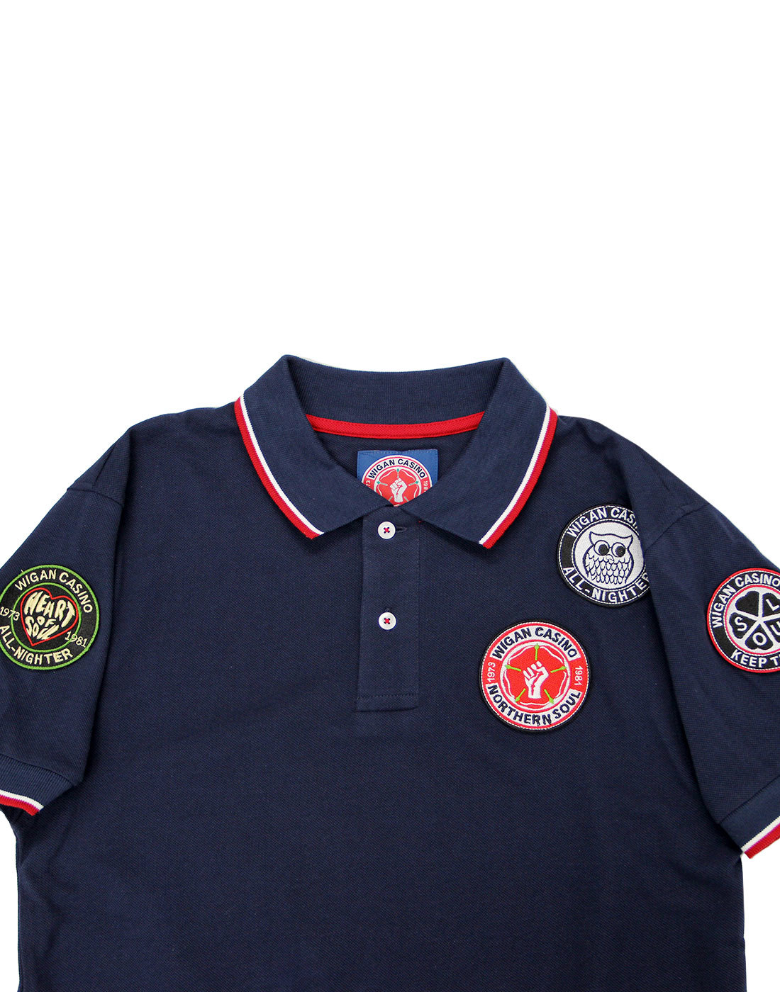 WIGAN CASINO Northern Soul Retro 70s Mod Multi Badged Polo Navy