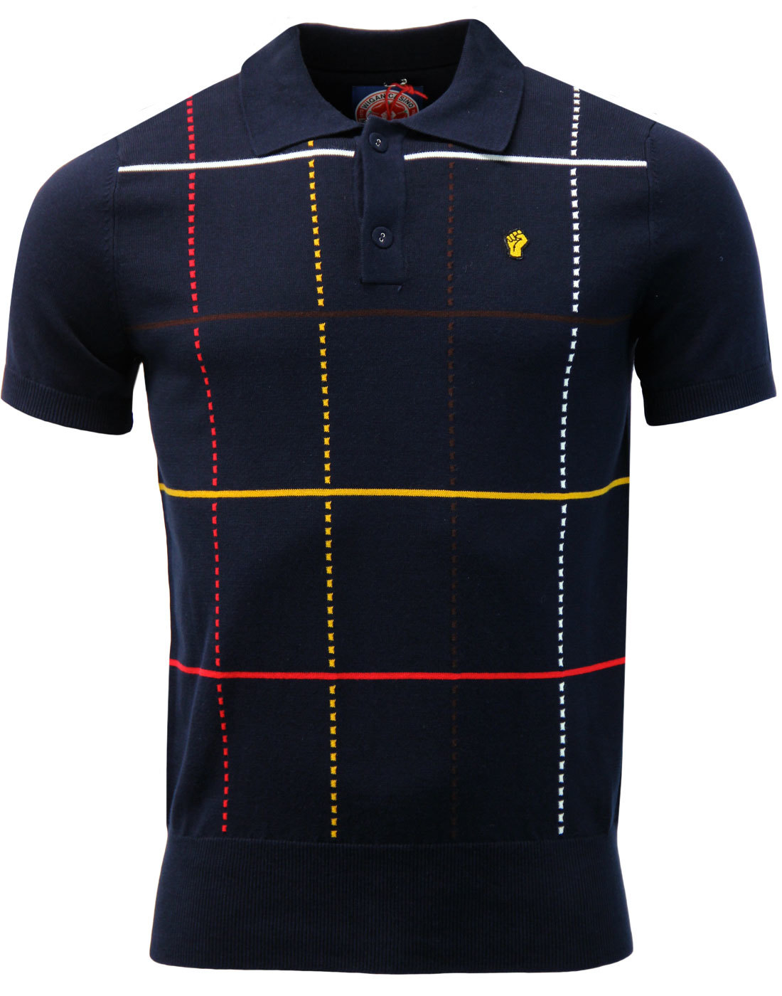 WIGAN CASINO Men's Northern Soul Mod Check Knit Polo Top in Navy