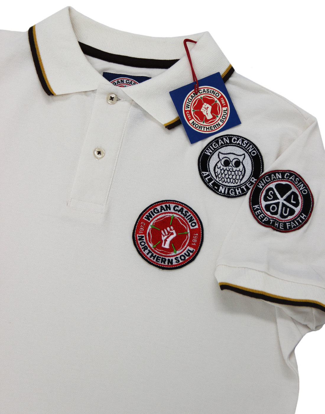 WIGAN CASINO Northern Soul Retro 70s Mod Multi Badged Polo Ecru