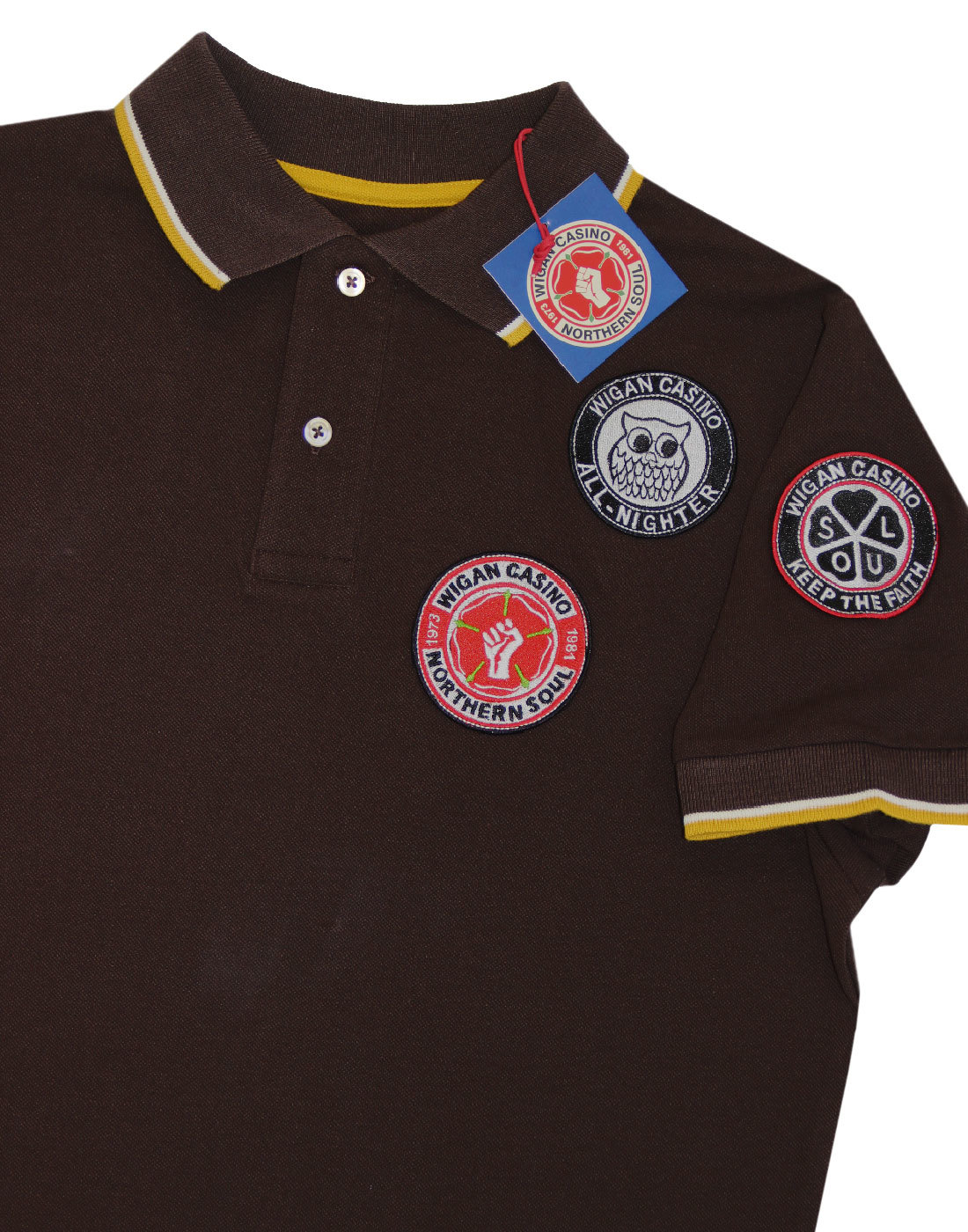 WIGAN CASINO Northern Soul Retro 70s Mod Multi Badged Polo Brown