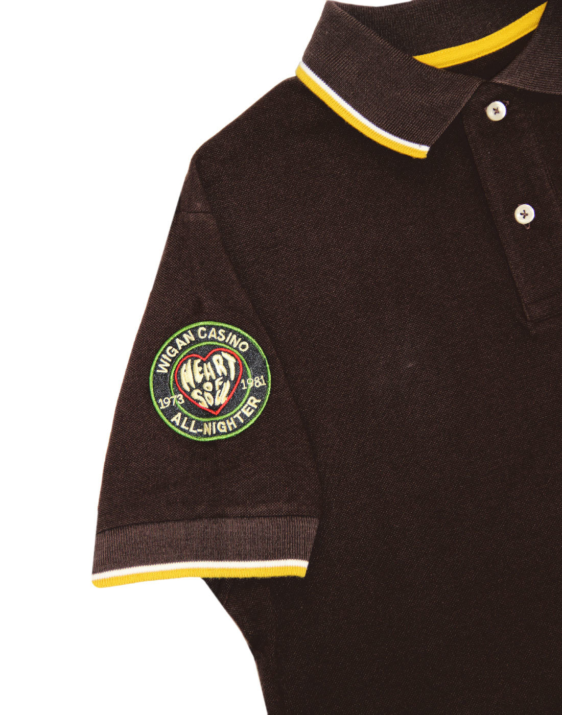 WIGAN CASINO Northern Soul Retro 70s Mod Multi Badged Polo Brown