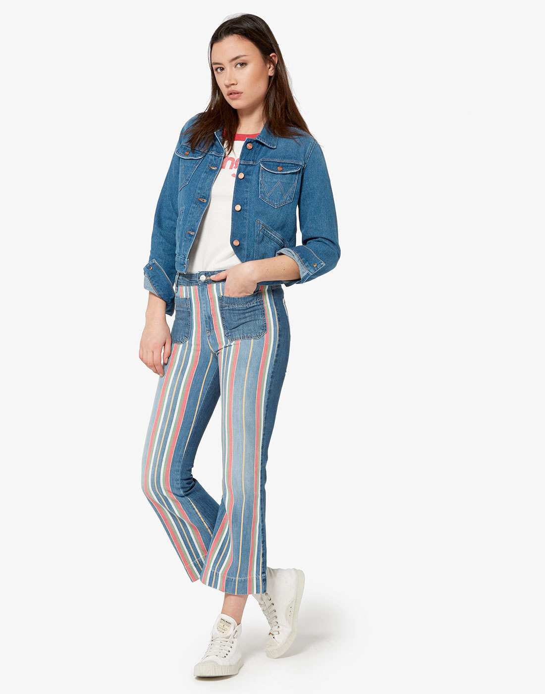 WRANGLER WOMENS Retro 70s Disco Stripes Cropped Flares 