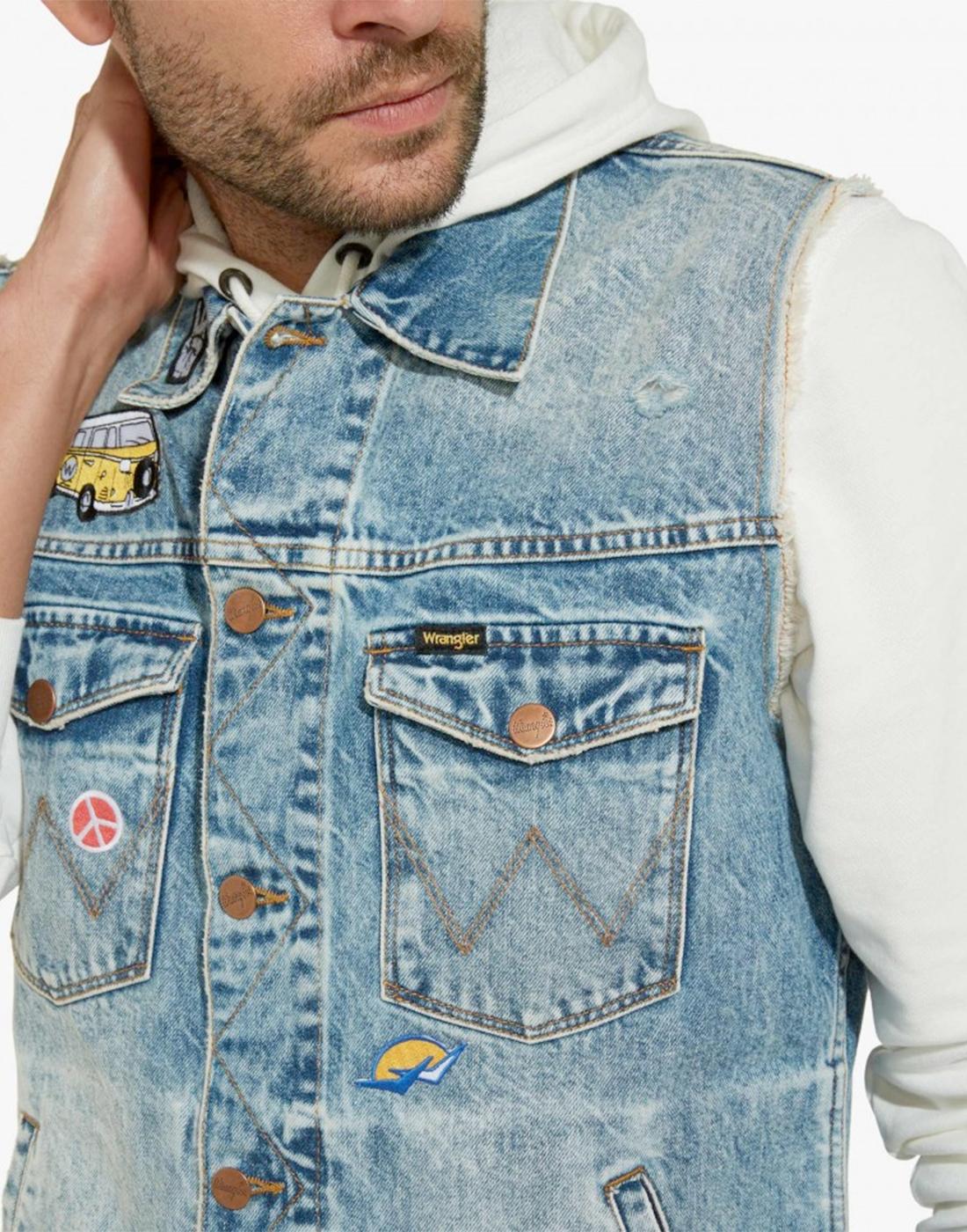 WRANGLER Mens Retro 70s Biker Patched Denim Gilet Jacket