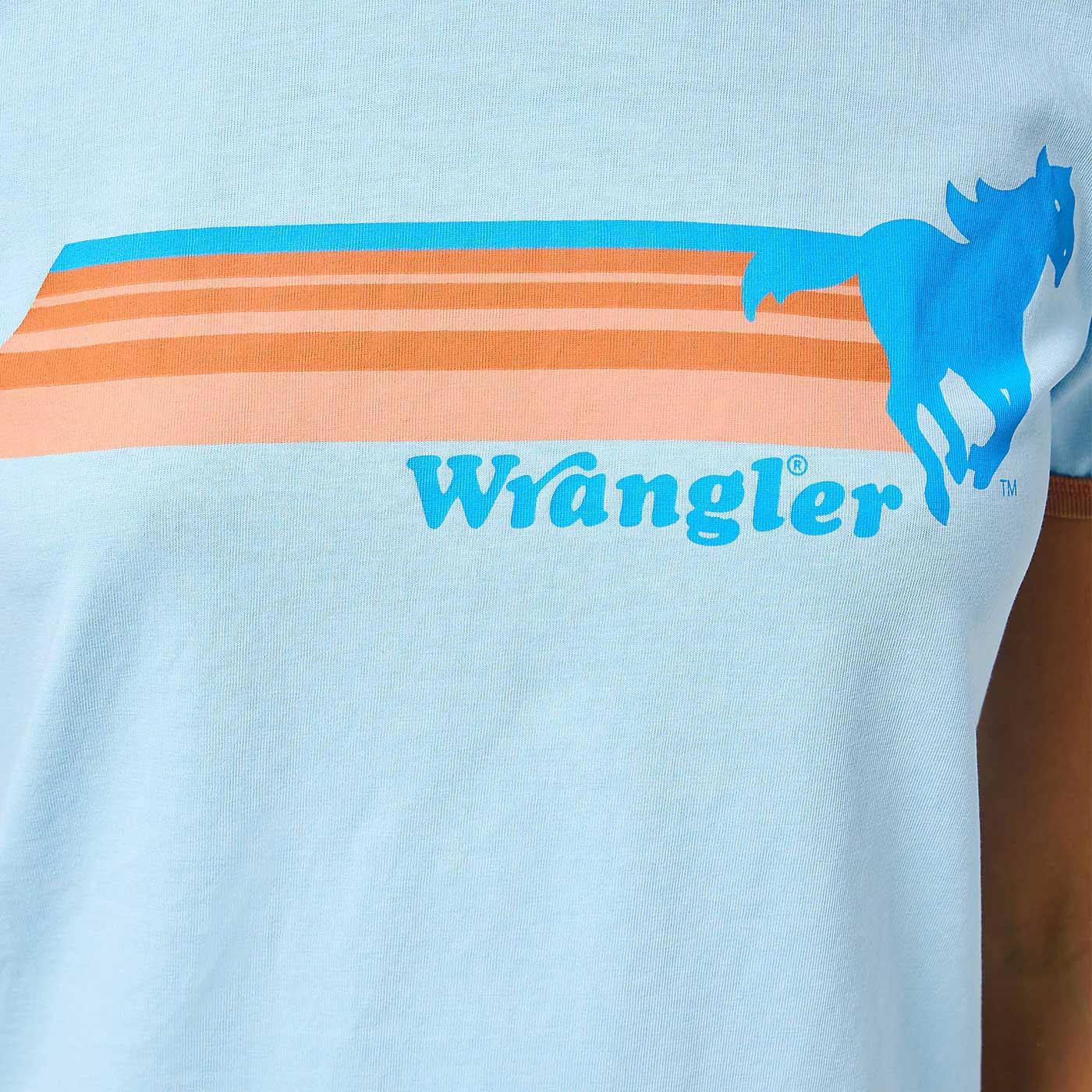 WRANGLER 70s Horse Graphic Retro Ringer Tee in Dream Blue