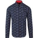 Ground TOOTAL Floral Print 1960s Mod Shirt Navy