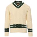 Baracuta 60s Mod Ivy League Varsity Style Cable Knit Cricket Jumper in Off White