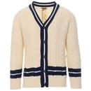 Baracuta 60s Mod Ivy League Varsity Style Cable Knit Cricket Cardigan in Off White