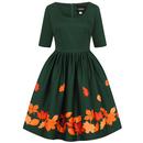 Collectif Amber-Lea Retro Autumn Leaves Boarder Dress in Green 