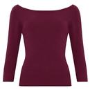 Collectif Retro 50s Bardot Knitted Boatneck Jumper Top in Wine