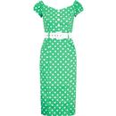 collectif womens blanche retro polka dot belted sweetheart neck sleeveless pencil dress green white