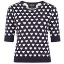 Collectif Chrissie Heart Retro Vintage 50s Knitted Top in Navy