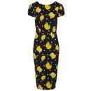 Collectif Retro 50s Demira Lemon Print Pencil Dress in Black and Yellow
