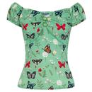 Collectif Dolores Retro 1950s Vintage Butterfly Print Top in Green