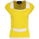 collectif womens norma 50s vintage knitted collared short sleeve belted jumper yellow