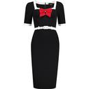 collectif womens sadie contrast details bow decorated 50s belted pencil midi dress black