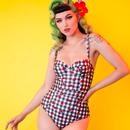 Collectif x Playful Promises Balcony Retro 1950s Melon Gingham Check Swimsuit in Navy