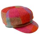 Failsworth Women's Harris Tweed Check Bakerboy Cap in Orange and Pink