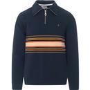 Farah Bentham Retro 70s Mod Stripe Zip Neck Sweatshirt in True Navy