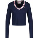 fila vintage womens heath classic tipped v neck long sleeve ribbed top navy