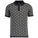 Fila Gold Zano Mod Geometric Pattern Knitted Polo Shirt in Black and Abbey Stone 