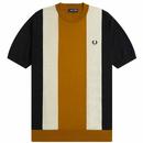 Fred Perry Colour Block Stripe Fine Knit T-shirt in Black, Oat, Dark Caramel K7853 U57