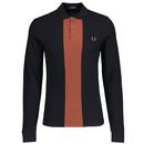 Fred Perry Panelled Long Sleeve Polo Shirt with Waffle Texture in Black M6637 102