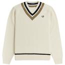fred perry striped cable knit v neck jumper ecru