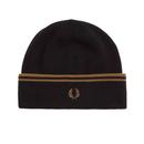 Fred Perry Twin Tipped Merino Wool Beanie Hat in Black/Shaded Stone
