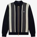 FRED PERRY Mod Striped Knit Zip Polo Cardigan NAVY