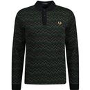 fred perry mens jacquard zig zag pattern polo long sleeve top night green