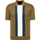 fred perry mens textured stripe knitted quarter zip polo tshirt shaded stone brown