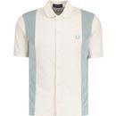 fred perry mens retro towelling panel pique button through polo tshirt ecru sage green